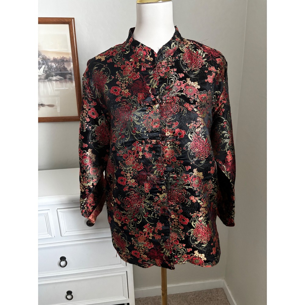 Robert Louis Silk Blend Floral Brocade Mandarin Collar Frog Closure Jacket S